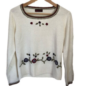VINTAGE Wool Blend Floral Embroidery Knit Pullover Crew Neck Sweater Small